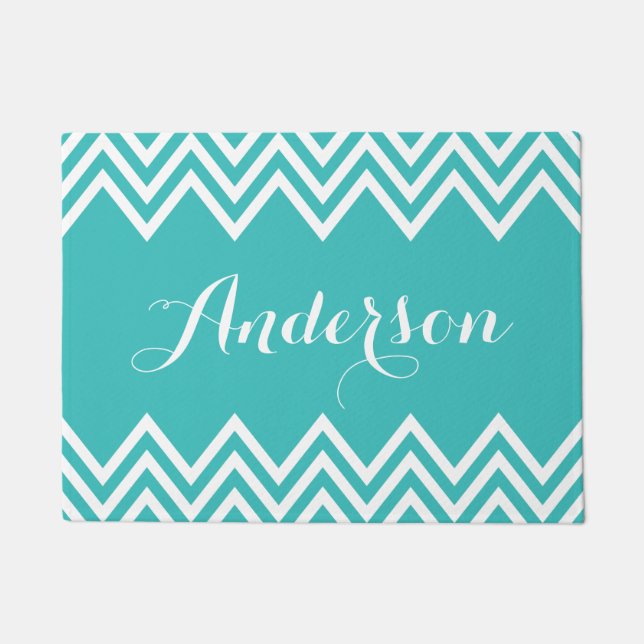 Modern Turquoise Chevron Custom Monogram Doormat (Front)