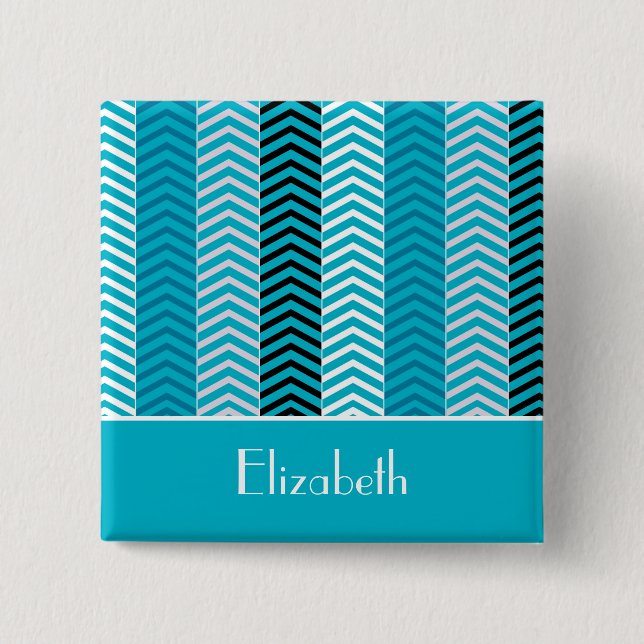 Modern Turquoise Chevron Stripes With Name 15 Cm Square Badge (Front)