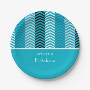 Modern Turquoise Chevron Stripes With Name Paper Plate