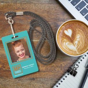 Modern Turquoise Copper Square Monogram Logo Photo ID Badge