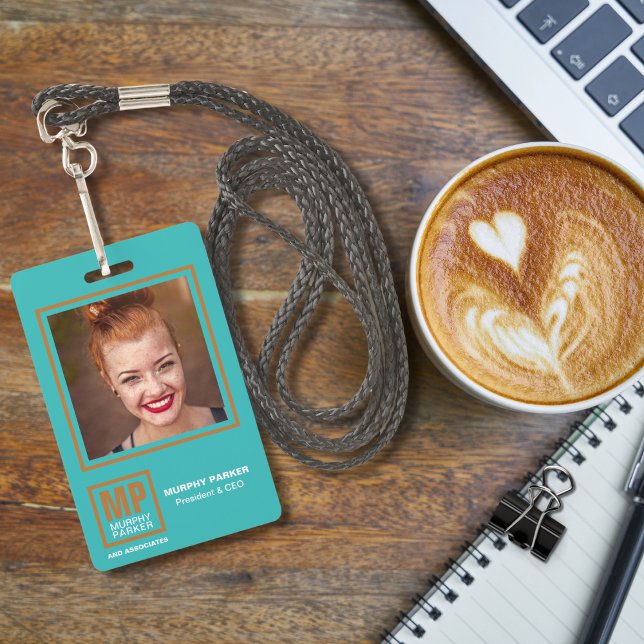 Modern Turquoise Copper Square Monogram Logo Photo ID Badge (Creator Uploaded)