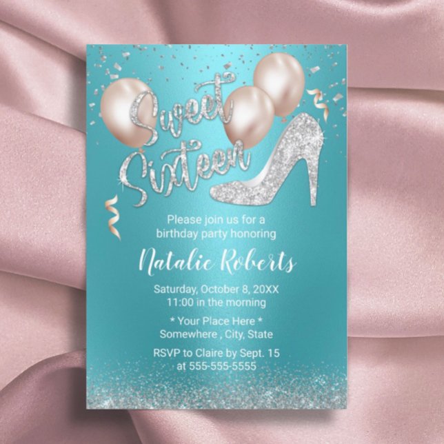 Modern Turquoise Elegant Silver High Heel Sweet 16 Invitation (Creator Uploaded)