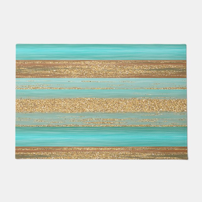 Modern Turquoise Faux Gold Glitter Stripes Pattern Doormat (Front)