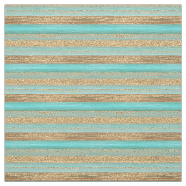 Modern Turquoise Faux Gold Glitter Stripes Pattern Fabric (Swatch)