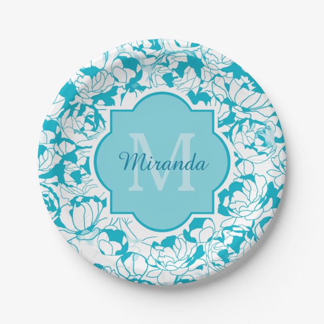 Modern Turquoise Floral Girly Monogram With Name Paper Plate (Front)