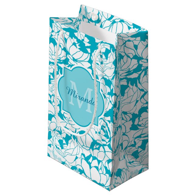 Modern Turquoise Floral Girly Monogram With Name Small Gift Bag (Front Angled)