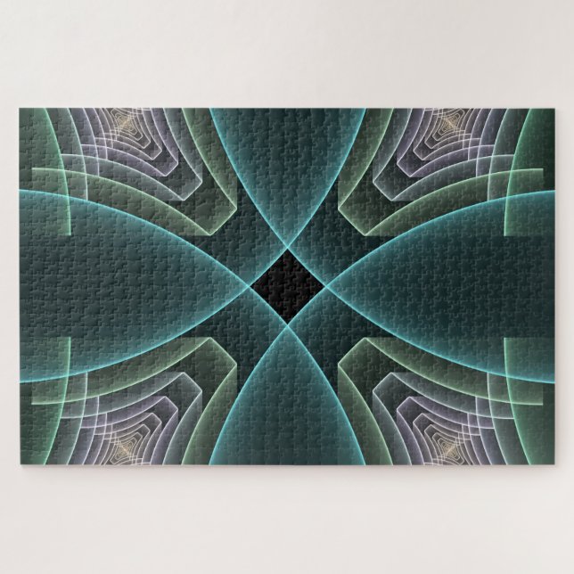 Modern Turquoise Geometric Fractal Art Graphic Jigsaw Puzzle (Horizontal)