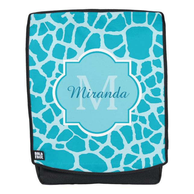Modern Turquoise Giraffe Print Monogram With Name Backpack (Front)