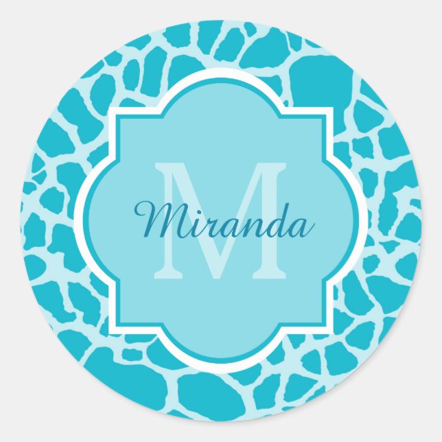 Modern Turquoise Giraffe Print Monogram With Name Classic Round Sticker (Front)