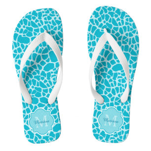 Modern Turquoise Giraffe Print Monogram With Name Thongs