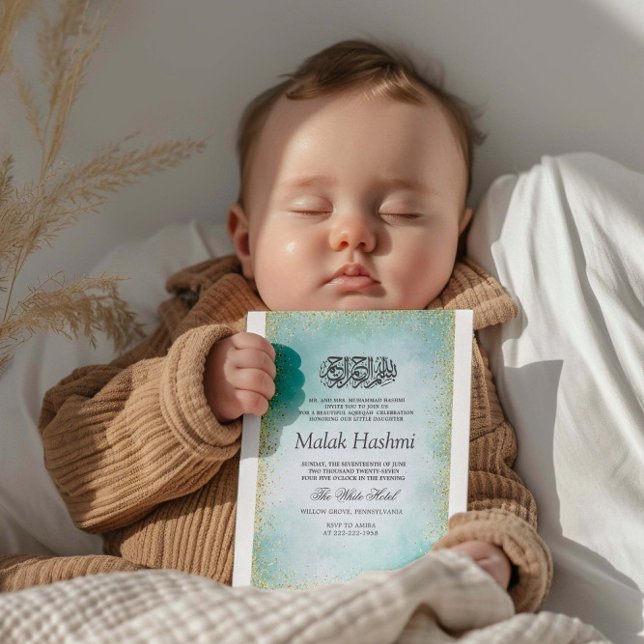 Modern Turquoise Gliter Islamic Aqiqa Aqeeqah Invitation (Creator Uploaded)