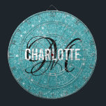 Modern turquoise glitter monogram name dart board<br><div class="desc">Modern turquoise glitter dart board with a white typography name and black monogram. Personalise with name and initial.</div>