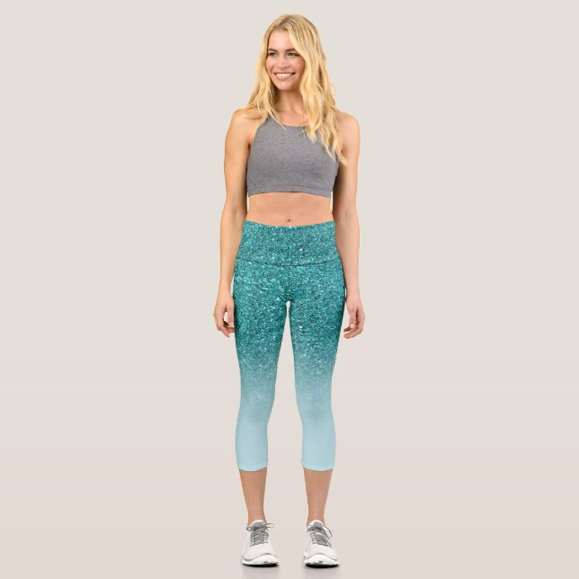 Modern Turquoise glitter ombre sparkles girly Capri Leggings (Front)