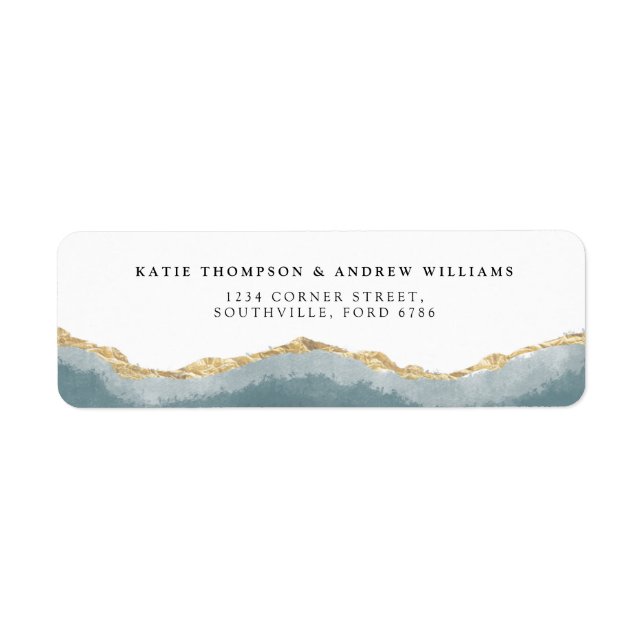 Modern Turquoise Gold Agate Calligraphy Wedding Return Address Label (Front)