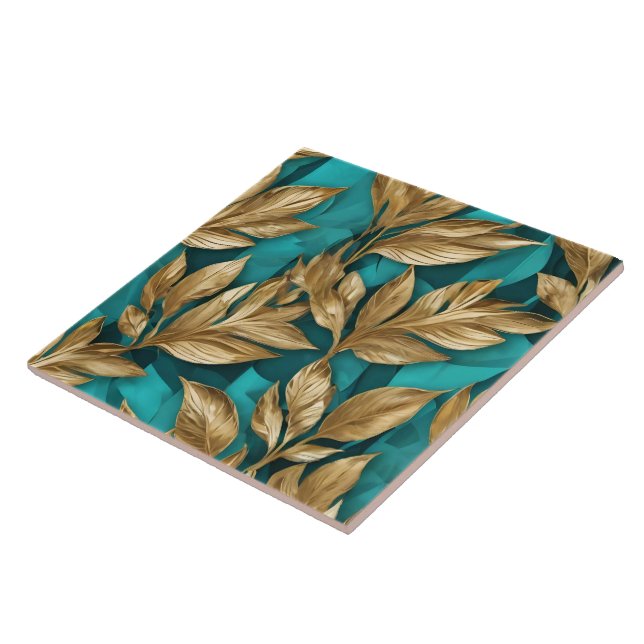 Modern Turquoise Gold Boho Leaves Collection Ceramic Tile (Side)