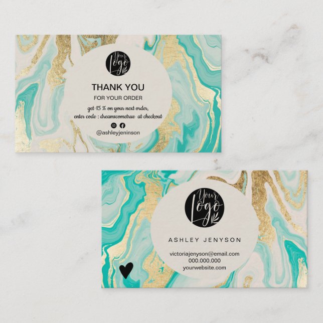 Modern turquoise gold marble logo order thank you business card (Front/Back)