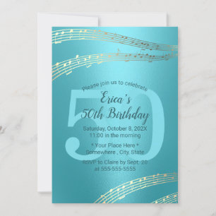 Modern Turquoise & Gold Music 50th Birthday Invitation