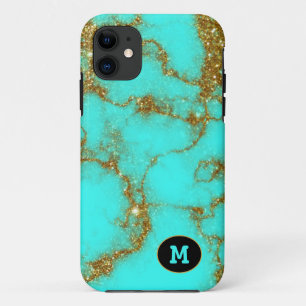 Modern Turquoise & Gold Stone Crystal Personalise iPhone 11 Case