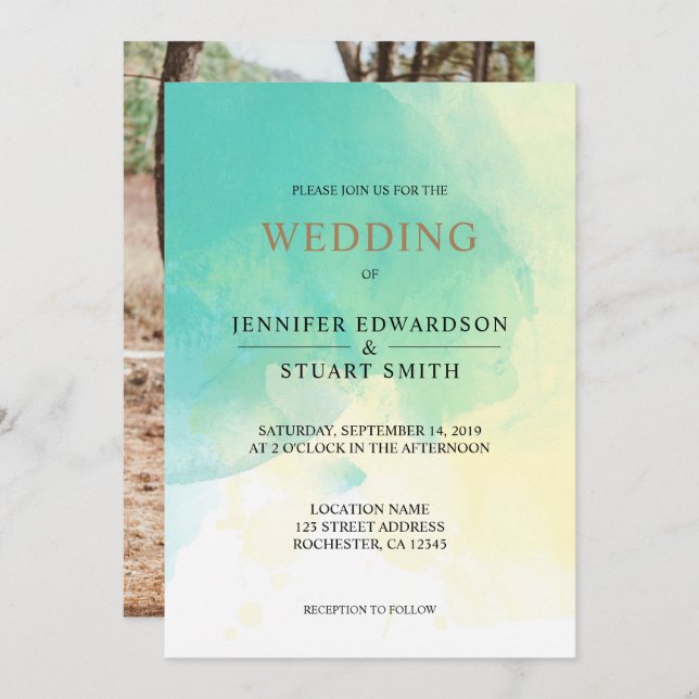 Modern turquoise gold watercolor photo Wedding Invitation (Front/Back)
