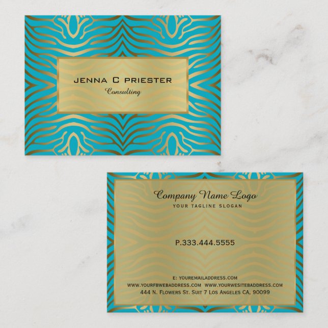 Modern Turquoise & Gold Zebra Stripes Pattern Business Card (Front/Back)