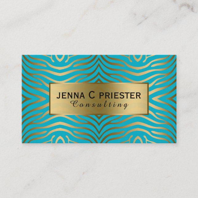 Modern Turquoise & Gold Zebra Stripes Pattern Business Card (Front)