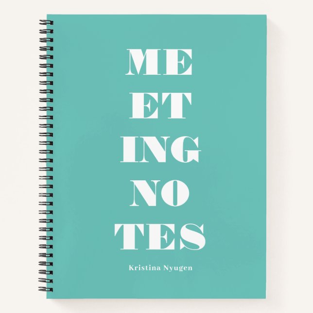 Modern Turquoise Green Typography Meeting Notes Notebook (Front)