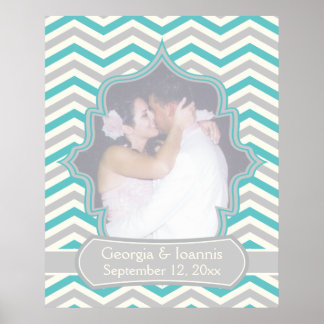 Modern turquoise, grey chevron wedding poster