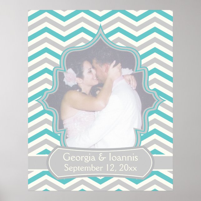 Modern turquoise, grey chevron wedding poster (Front)