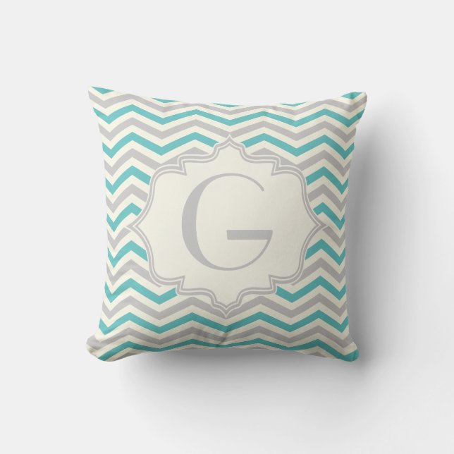 Modern turquoise, grey, ivory chevron pattern cushion (Front)