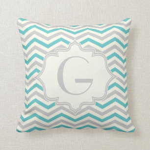 Modern turquoise, grey, ivory chevron pattern cushion