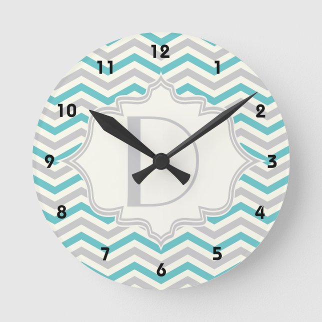 Modern turquoise, grey, ivory chevron pattern round clock (Front)