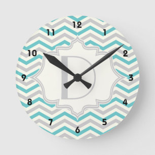 Modern turquoise, grey, ivory chevron pattern round clock
