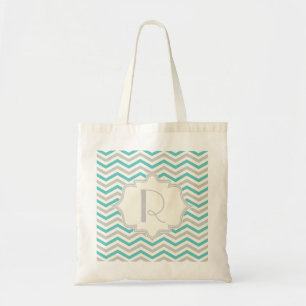 Modern turquoise, grey, ivory chevron pattern tote bag