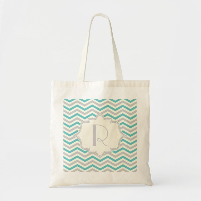 Modern turquoise, grey, ivory chevron pattern tote bag (Front)