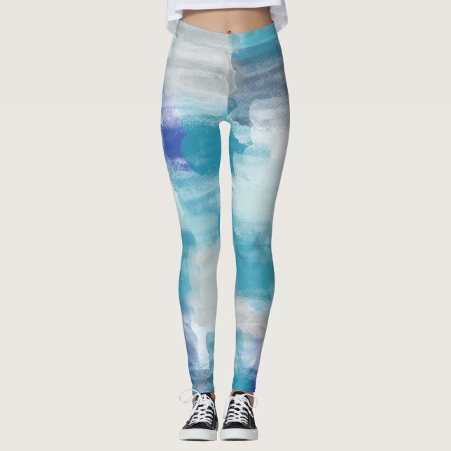 Modern Turquoise & Grey Watercolor Abstract Art  Leggings (Front)