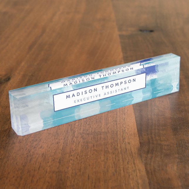 Modern Turquoise & Grey Watercolor Abstract Art Nameplate (Side)