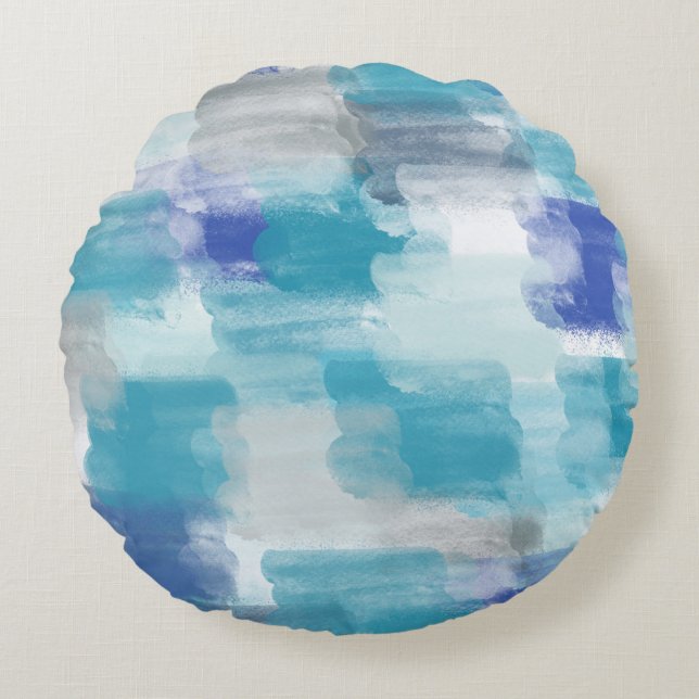 Modern Turquoise & Grey Watercolor Abstract Art  Round Cushion (Front)