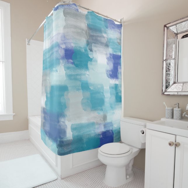 Modern Turquoise & Grey Watercolor Abstract Art   Shower Curtain (In Situ)