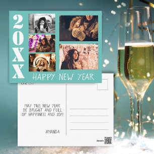Modern Turquoise Happy New Year 5 Photo Collage Postcard