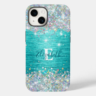Modern Turquoise Holographic Faux Glitter Monogram Case-Mate iPhone 14 Case