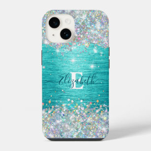 Modern Turquoise Holographic Faux Glitter Monogram iPhone 14 Case