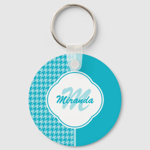 Modern Turquoise Houndstooth Monogram and Name Key Ring