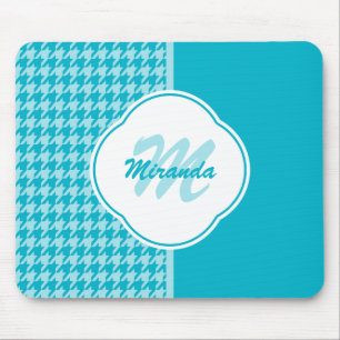 Modern Turquoise Houndstooth Monogram and Name Mouse Pad