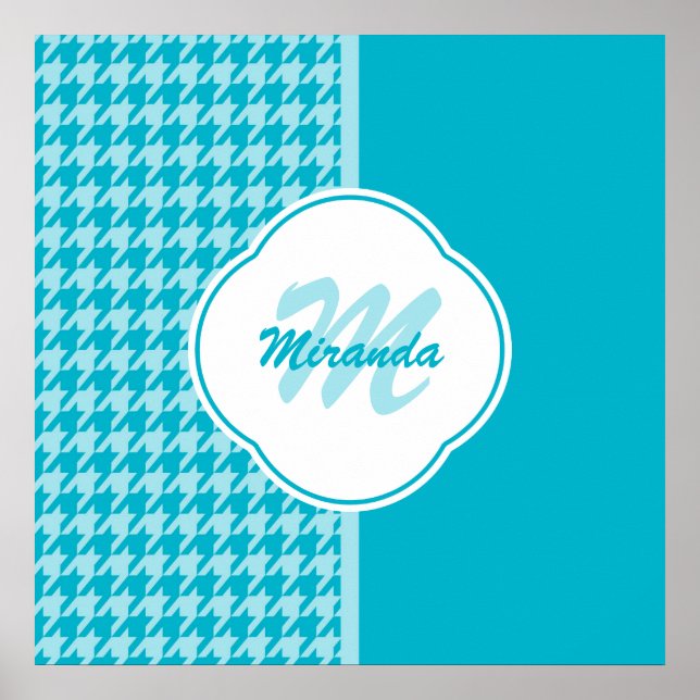 Modern Turquoise Houndstooth Monogram and Name Poster (Front)