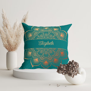Modern Turquoise Mandala Custom Name Cushion