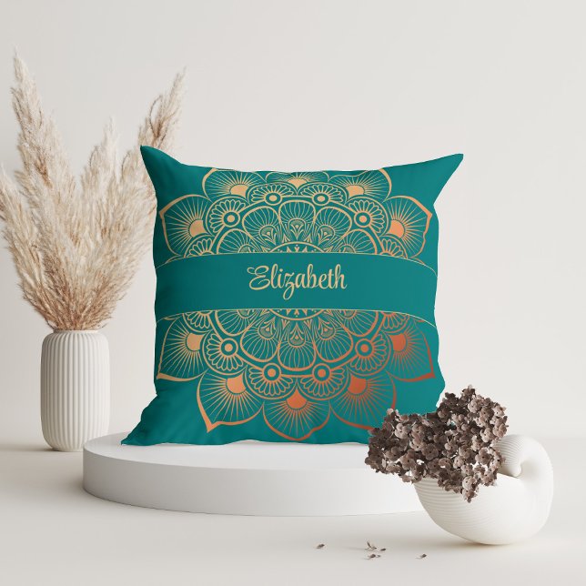 Modern Turquoise Mandala Custom Name Cushion (Modern Turquoise Mandala Custom Name Throw Pillow in a white room with dry flowers)