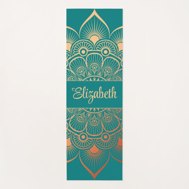 Modern Turquoise Mandala Custom Name Yoga Mat (Front)