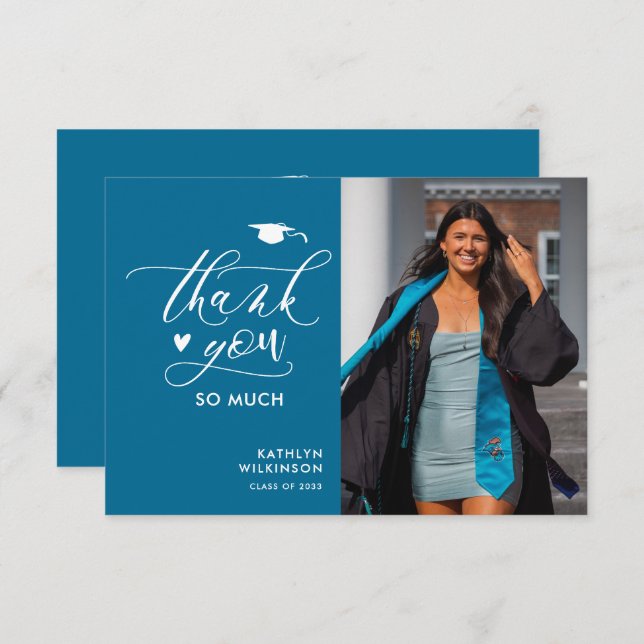 Modern Turquoise Minimalist Photo Graduation Thank You Card (Front/Back)