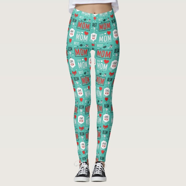 Modern Turquoise MOM Typography Pop Pattern Leggings (Front)