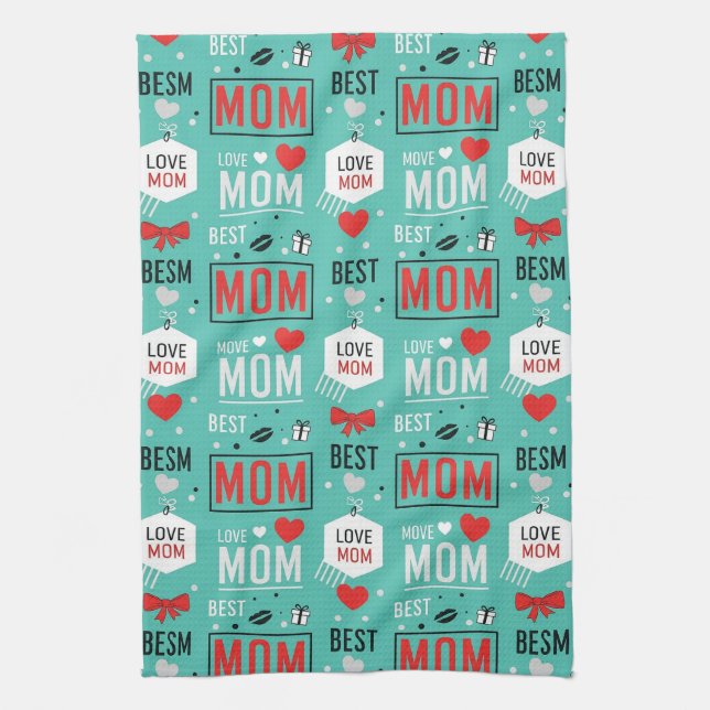 Modern Turquoise MOM Typography Pop Pattern Tea Towel (Vertical)